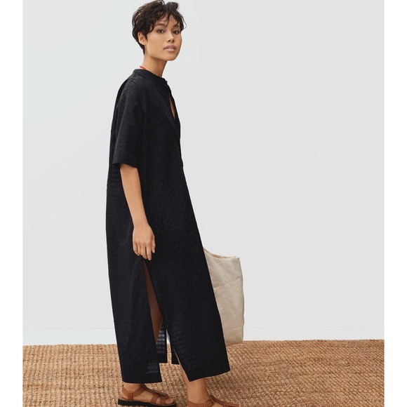 Everlane Dresses & Skirts - Everlane The Caftan Dress Black Check Button Front Lightweight Side Slits Medium